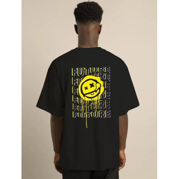 Unisex Bisiklet Yaka Baskılı Oversize T-Shirt - Siyah