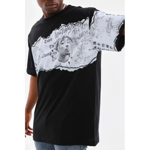 Unisex Bisiklet Yaka Baskılı Oversize T-Shirt - Siyah