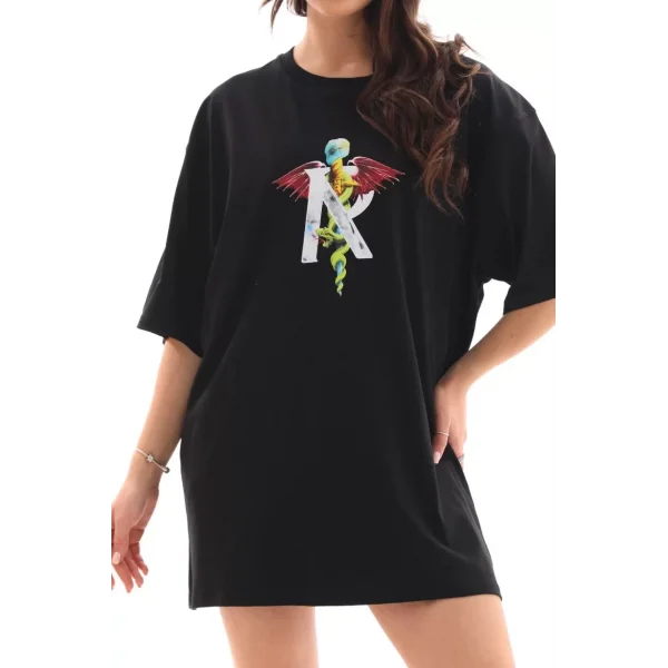 Unisex Bisiklet Yaka Baskılı Oversize T-Shirt - Siyah