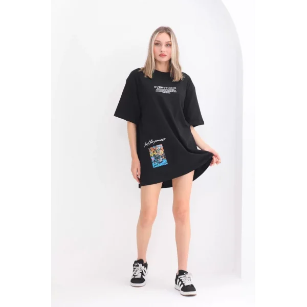 Unisex Bisiklet Yaka Baskılı Oversize T-Shirt - Siyah