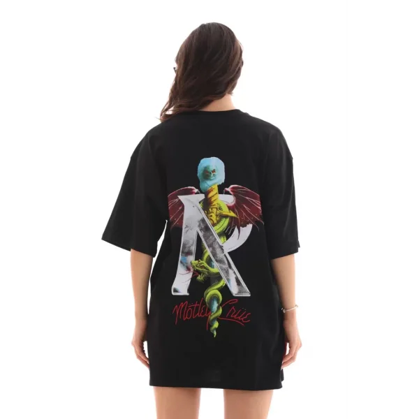 Unisex Bisiklet Yaka Baskılı Oversize T-Shirt - Siyah