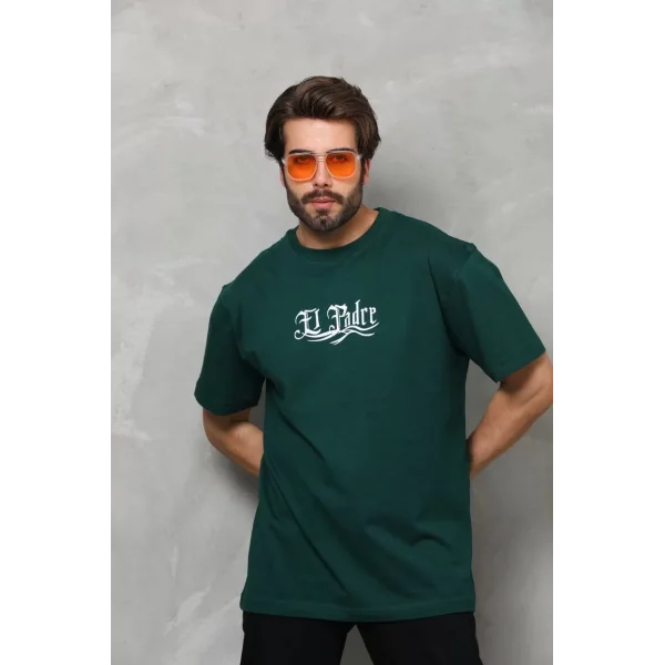 Unisex Bisiklet Yaka Baskılı Oversize T-Shirt - Yeşil