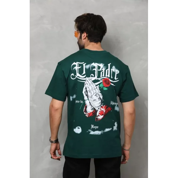 Unisex Bisiklet Yaka Baskılı Oversize T-Shirt - Yeşil