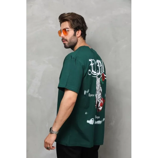 Unisex Bisiklet Yaka Baskılı Oversize T-Shirt - Yeşil