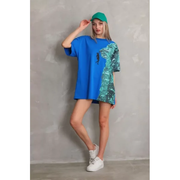 Unisex Bisiklet Yaka Baskılı Oversize Thirt  avi