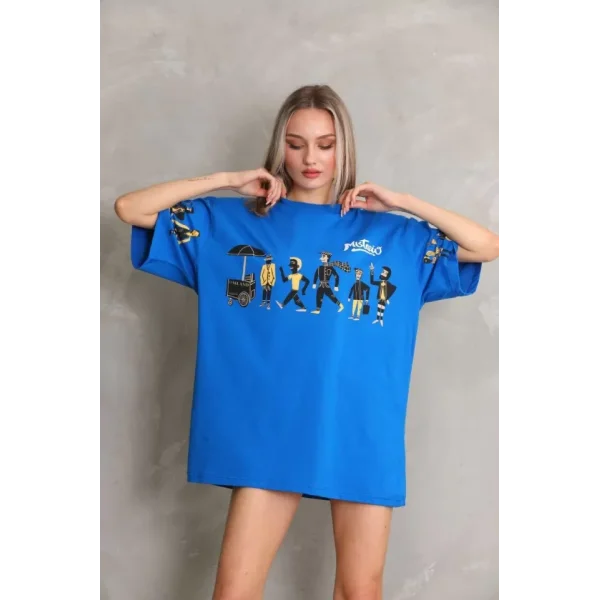 Unisex Bisiklet Yaka Baskılı Oversize Thirt  avi