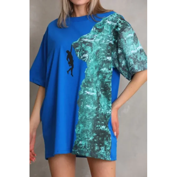 Unisex Bisiklet Yaka Baskılı Oversize Thirt  avi