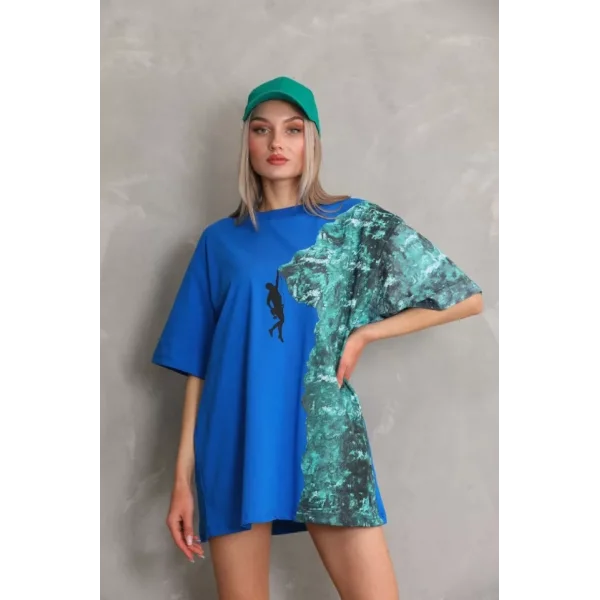 Unisex Bisiklet Yaka Baskılı Oversize Thirt  avi