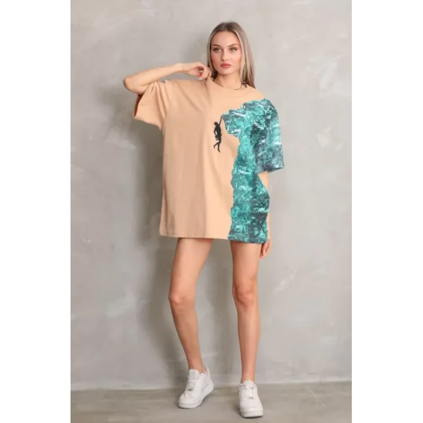 Unisex Bisiklet Yaka Baskılı Oversize Thirt  Bej