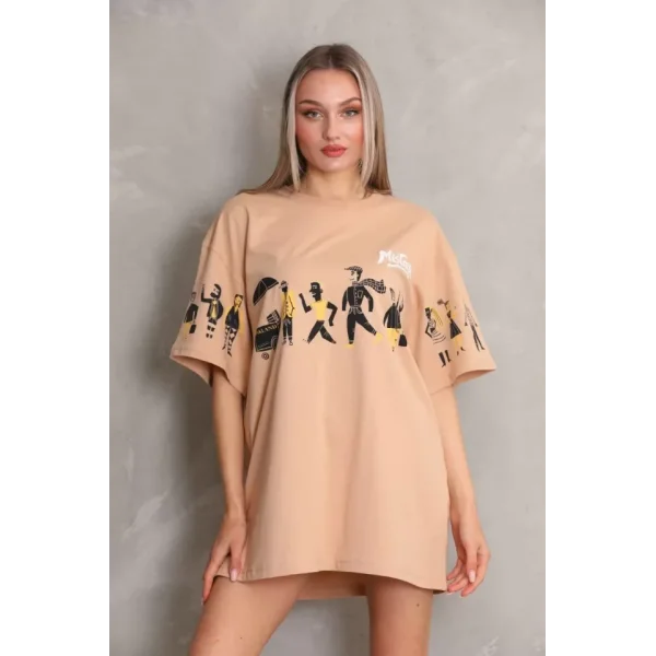 Unisex Bisiklet Yaka Baskılı Oversize Thirt  Bej