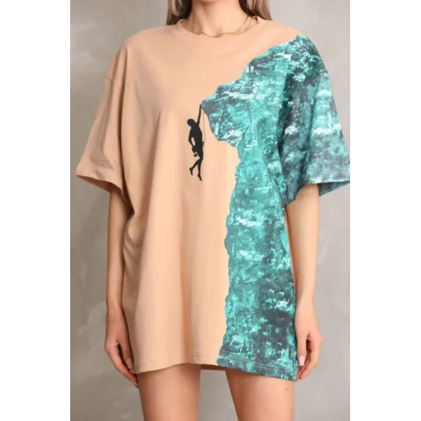 Unisex Bisiklet Yaka Baskılı Oversize Thirt  Bej