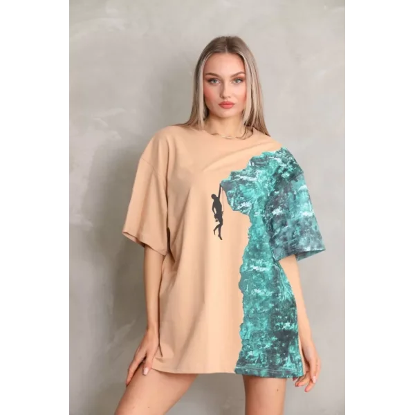 Unisex Bisiklet Yaka Baskılı Oversize Thirt  Bej