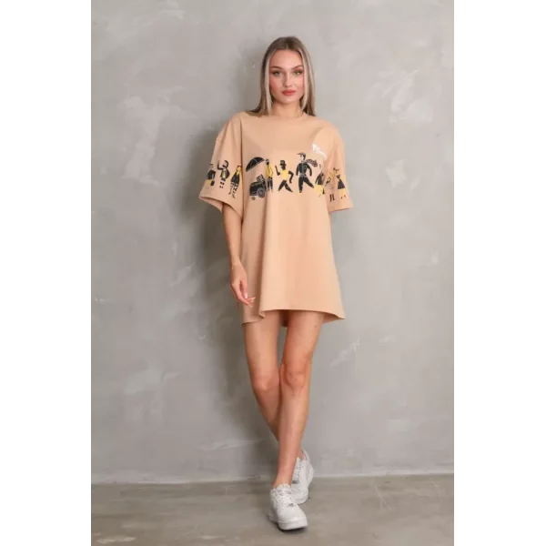 Unisex Bisiklet Yaka Baskılı Oversize Thirt  Bej