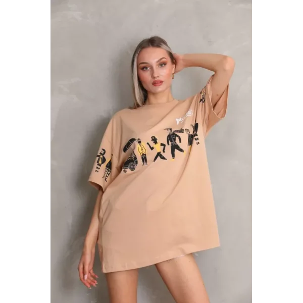 Unisex Bisiklet Yaka Baskılı Oversize Thirt  Bej