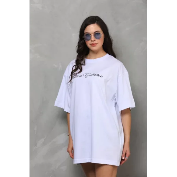 Unisex Bisiklet Yaka Baskılı Oversize Thirt  Beyaz