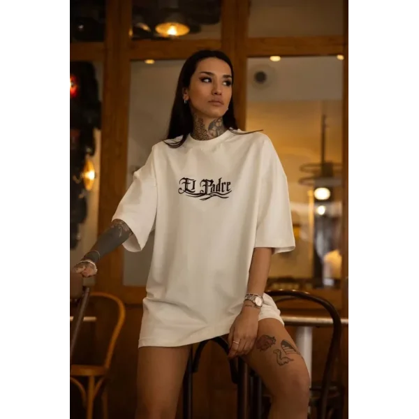 Unisex Bisiklet Yaka Baskılı Oversize Thirt  Beyaz