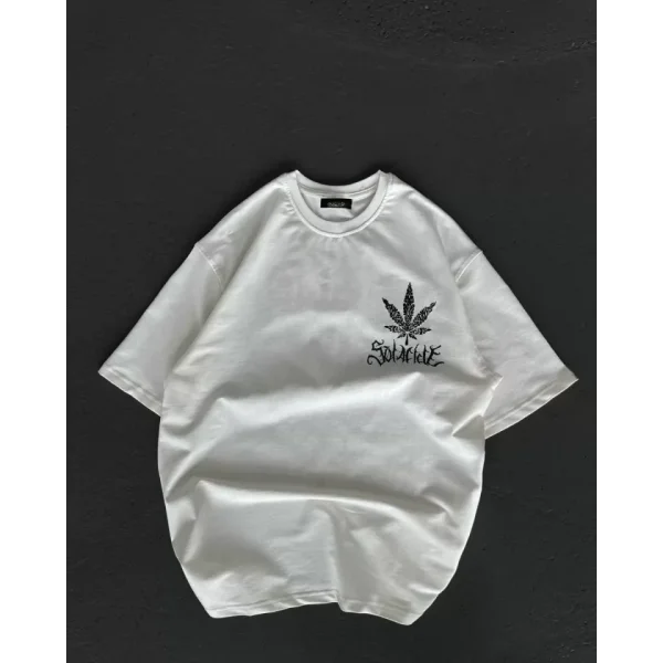 Unisex Bisiklet Yaka Baskılı Oversize Thirt  Beyaz