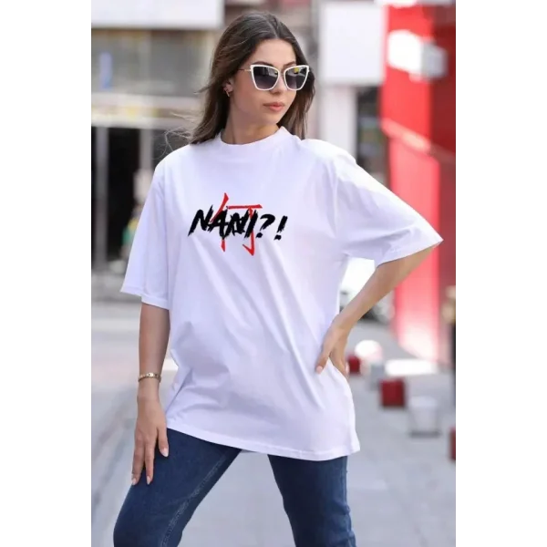 Unisex Bisiklet Yaka Baskılı Oversize Thirt  Beyaz