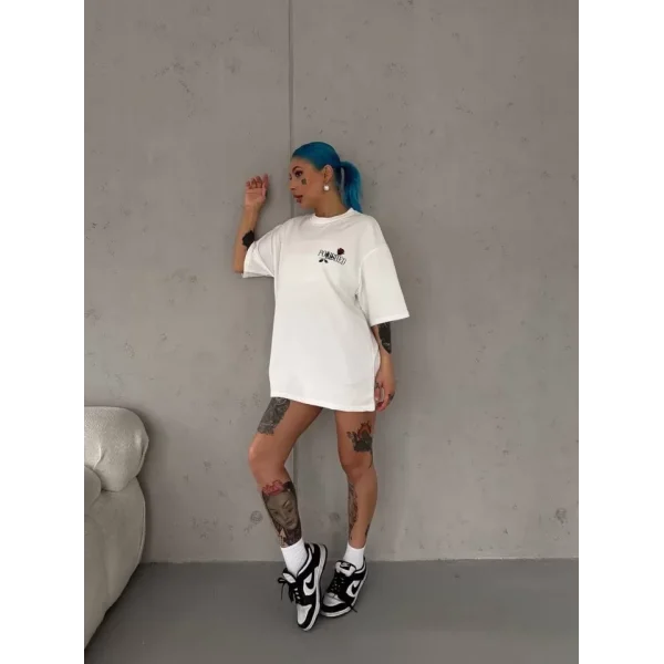 Unisex Bisiklet Yaka Baskılı Oversize Thirt  Beyaz