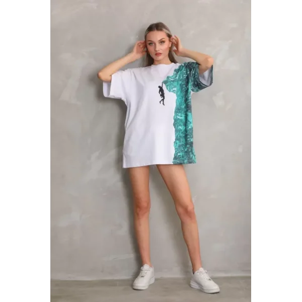 Unisex Bisiklet Yaka Baskılı Oversize Thirt  Beyaz