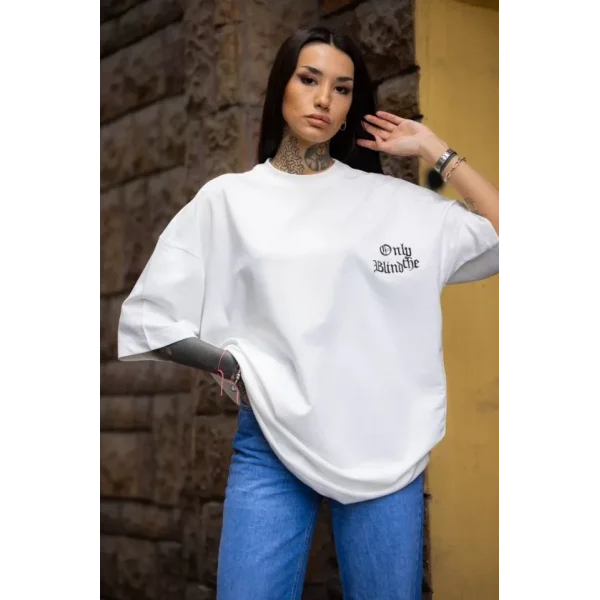 Unisex Bisiklet Yaka Baskılı Oversize Thirt  Beyaz