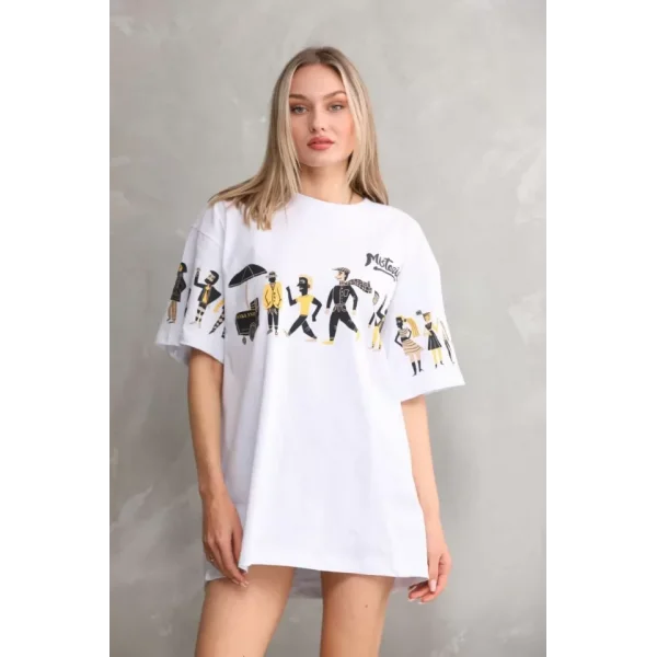 Unisex Bisiklet Yaka Baskılı Oversize Thirt  Beyaz