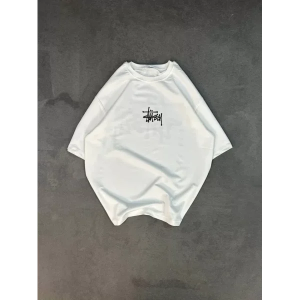 Unisex Bisiklet Yaka Baskılı Oversize Thirt  Beyaz