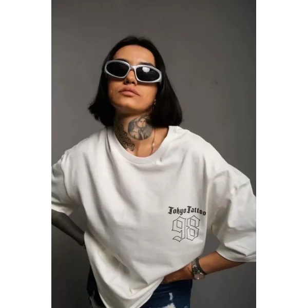 Unisex Bisiklet Yaka Baskılı Oversize Thirt  Beyaz