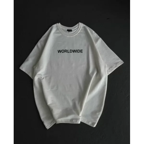 Unisex Bisiklet Yaka Baskılı Oversize Thirt  Beyaz