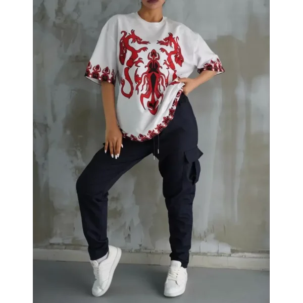 Unisex Bisiklet Yaka Baskılı Oversize Thirt  Beyaz