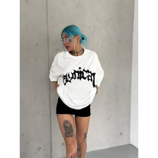 Unisex Bisiklet Yaka Baskılı Oversize Thirt  Beyaz