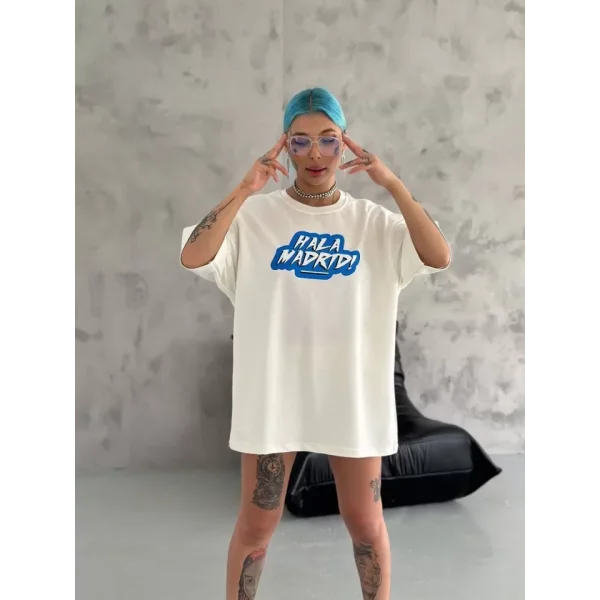 Unisex Bisiklet Yaka Baskılı Oversize Thirt  Beyaz