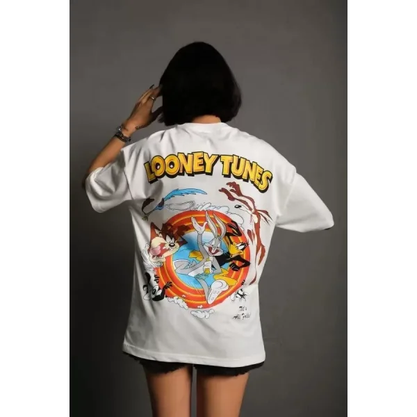 Unisex Bisiklet Yaka Baskılı Oversize Thirt  Beyaz