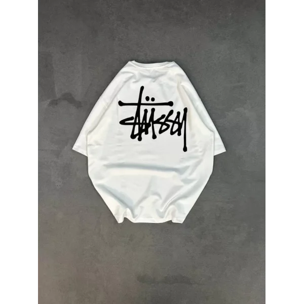 Unisex Bisiklet Yaka Baskılı Oversize Thirt  Beyaz