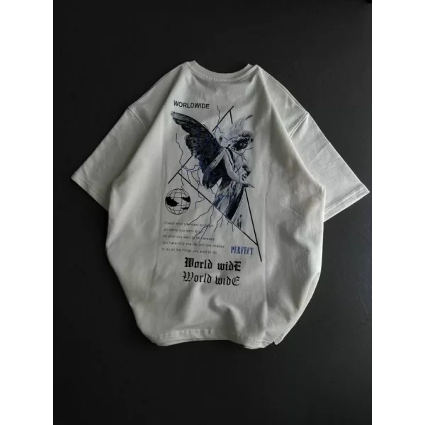 Unisex Bisiklet Yaka Baskılı Oversize Thirt  Beyaz