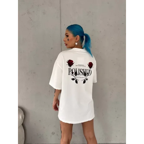 Unisex Bisiklet Yaka Baskılı Oversize Thirt  Beyaz