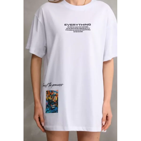 Unisex Bisiklet Yaka Baskılı Oversize Thirt  Beyaz