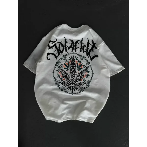 Unisex Bisiklet Yaka Baskılı Oversize Thirt  Beyaz