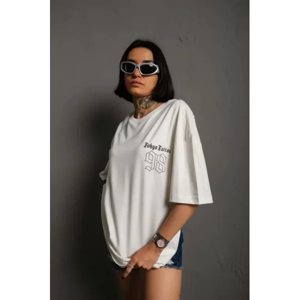 Unisex Bisiklet Yaka Baskılı Oversize Thirt  Beyaz