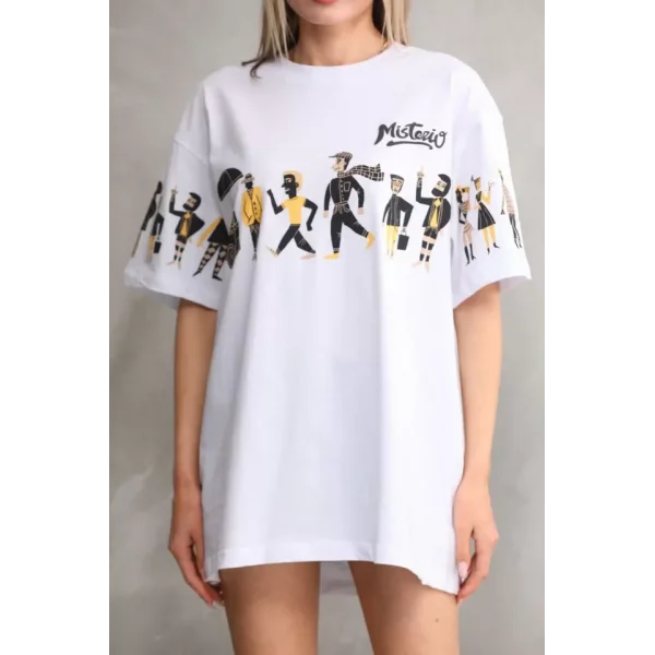 Unisex Bisiklet Yaka Baskılı Oversize Thirt  Beyaz