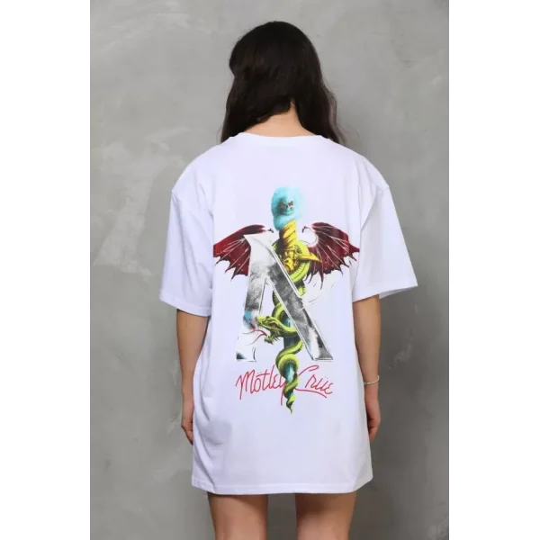 Unisex Bisiklet Yaka Baskılı Oversize Thirt  Beyaz