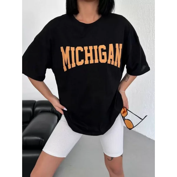 Unisex Bisiklet Yaka Baskılı Oversize Thirt  Beyaz