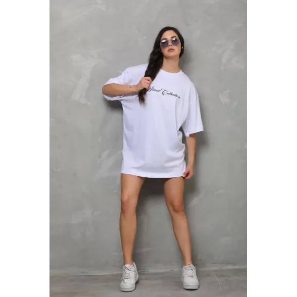 Unisex Bisiklet Yaka Baskılı Oversize Thirt  Beyaz