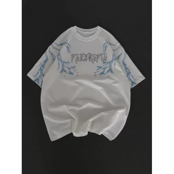 Unisex Bisiklet Yaka Baskılı Oversize Thirt  Beyaz