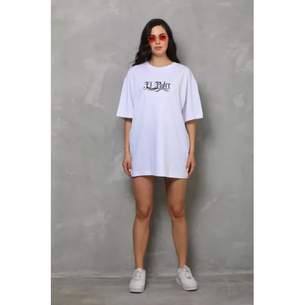 Unisex Bisiklet Yaka Baskılı Oversize Thirt  Beyaz