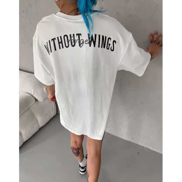 Unisex Bisiklet Yaka Baskılı Oversize Thirt  Beyaz