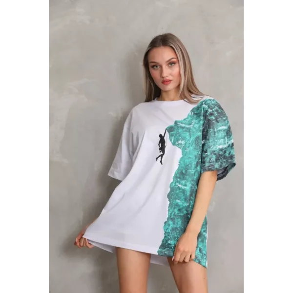 Unisex Bisiklet Yaka Baskılı Oversize Thirt  Beyaz