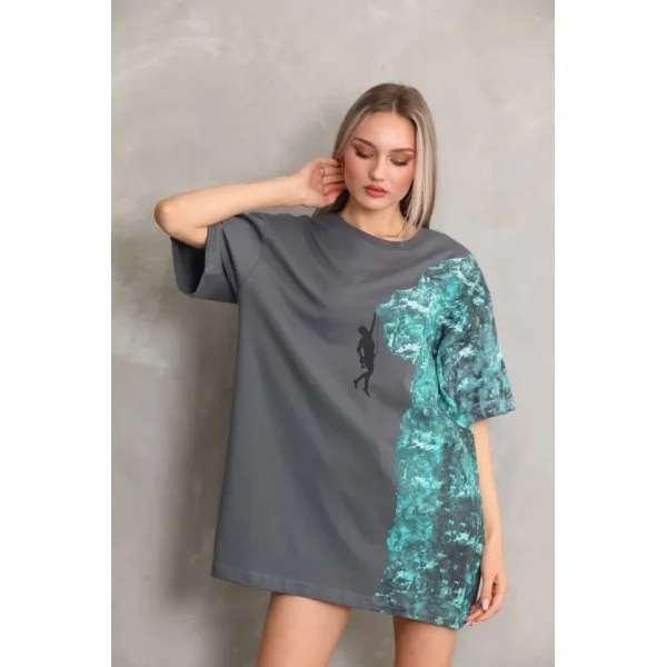 Unisex Bisiklet Yaka Baskılı Oversize Thirt  Gri