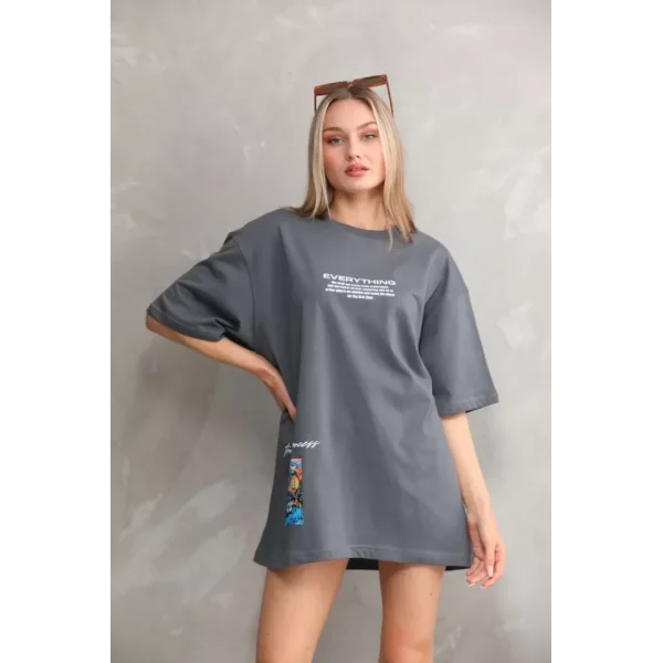 Unisex Bisiklet Yaka Baskılı Oversize Thirt  Gri