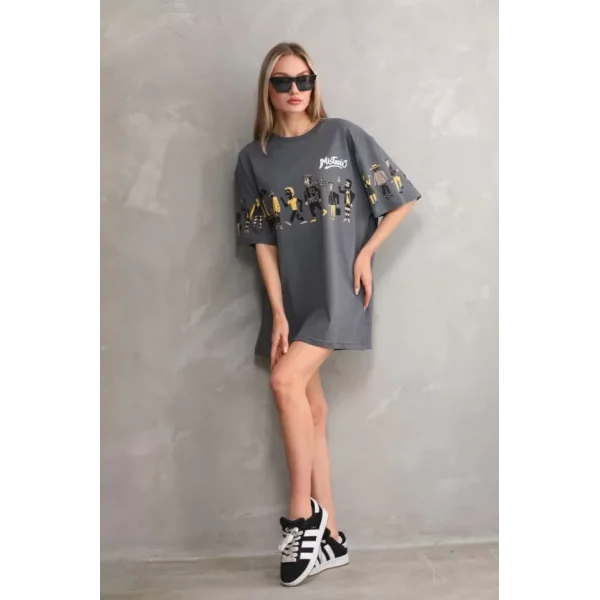 Unisex Bisiklet Yaka Baskılı Oversize Thirt  Gri